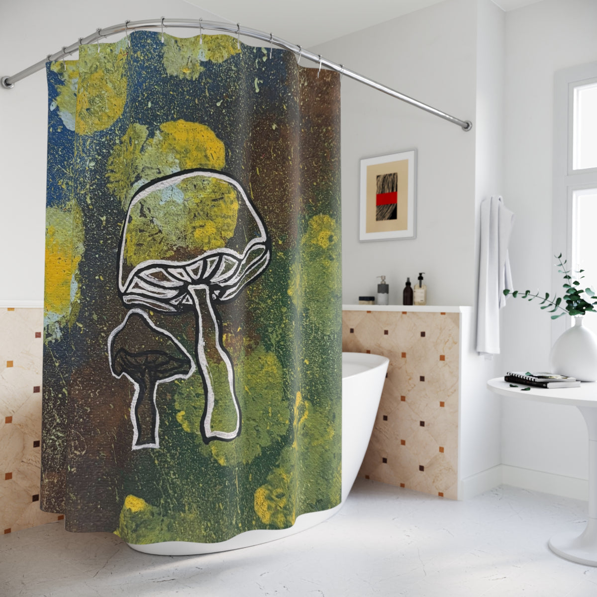 Mushroom Art Shower Curtain — Green & Yellow Abstract Fungi Bathroom Decor