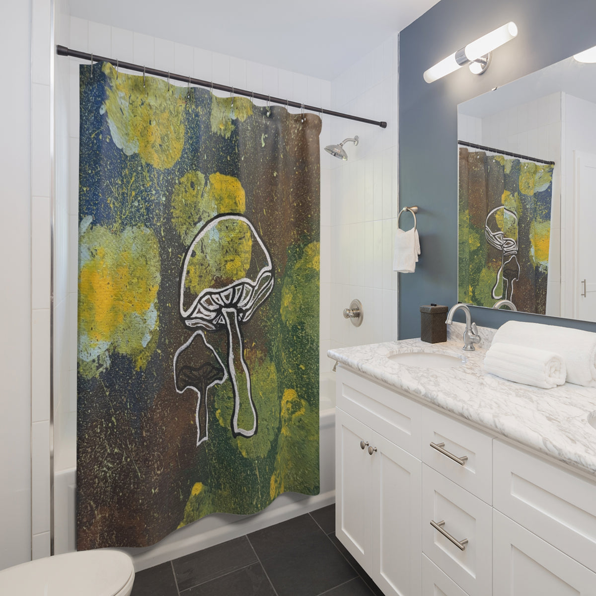 Mushroom Art Shower Curtain — Green & Yellow Abstract Fungi Bathroom Decor