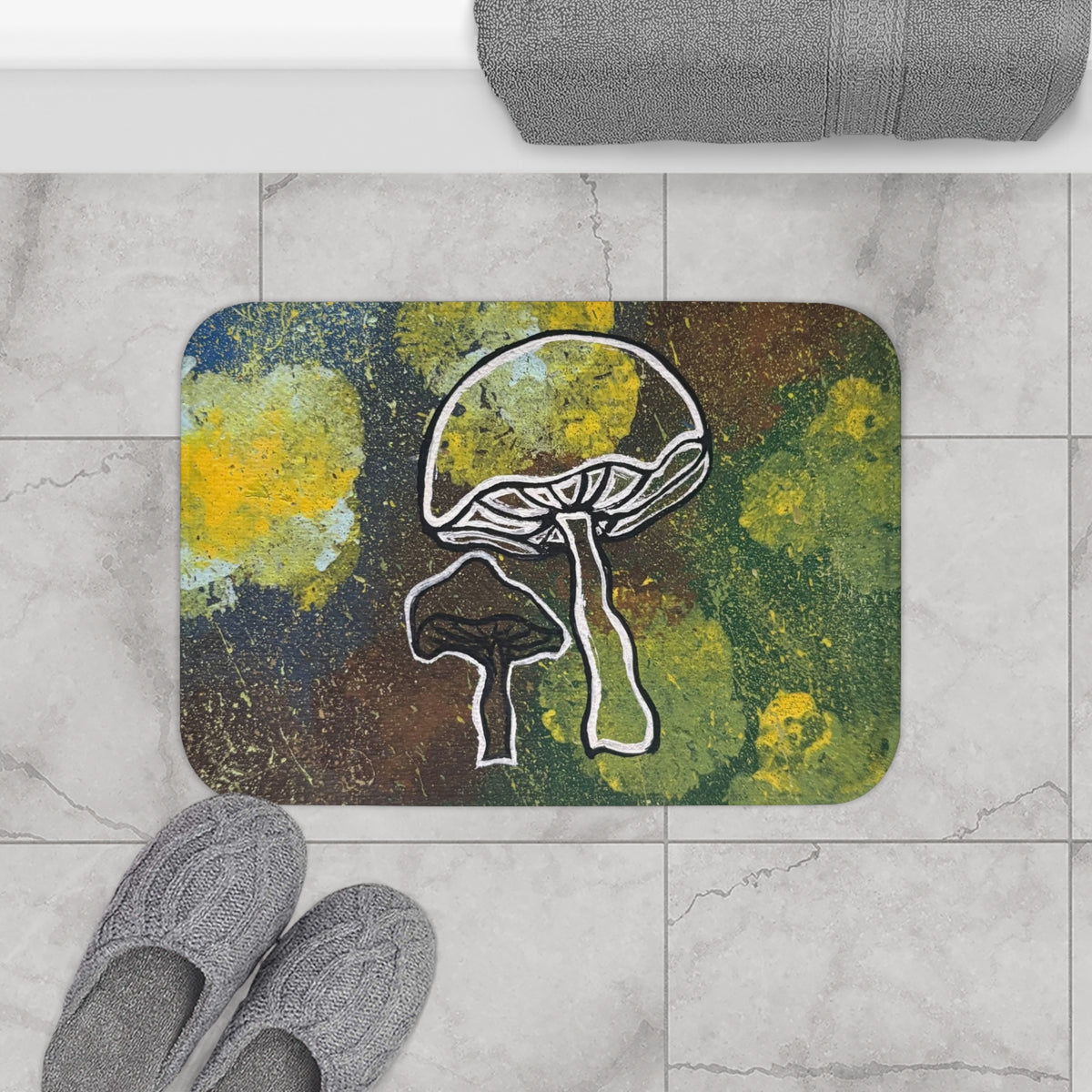 Psychedelic Mushroom Bath Mat – Abstract Green & Yellow Fungi Design