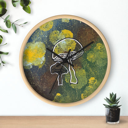 Mushroom Art Wall Clock — Abstract Green & Yellow Fungi Design