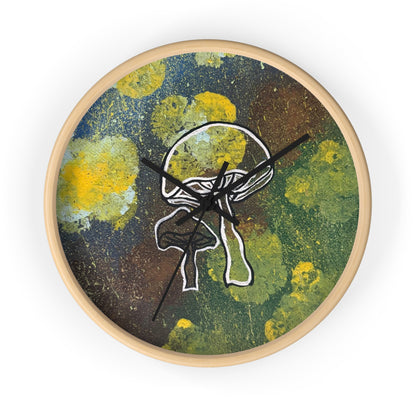 Mushroom Art Wall Clock — Abstract Green & Yellow Fungi Design