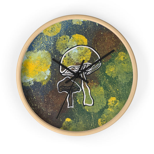 Mushroom Art Wall Clock — Abstract Green & Yellow Fungi Design