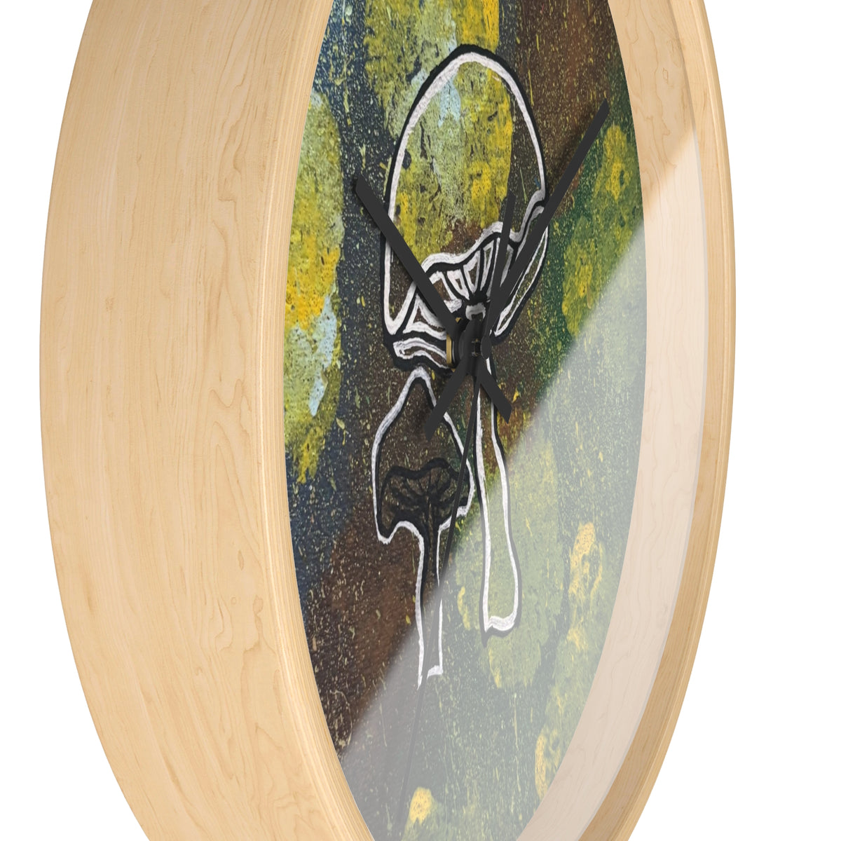 Mushroom Art Wall Clock — Abstract Green & Yellow Fungi Design