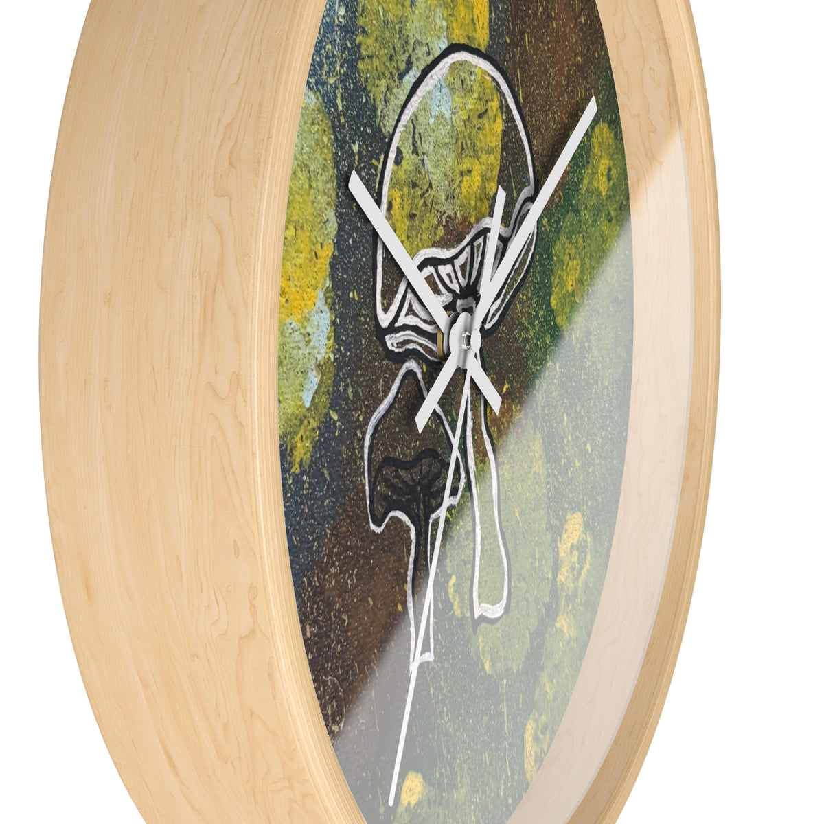 Mushroom Art Wall Clock — Abstract Green & Yellow Fungi Design