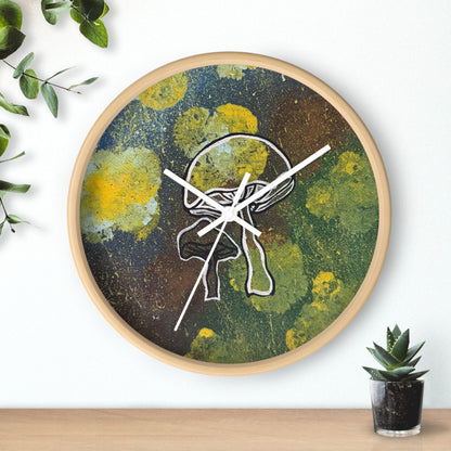 Mushroom Art Wall Clock — Abstract Green & Yellow Fungi Design