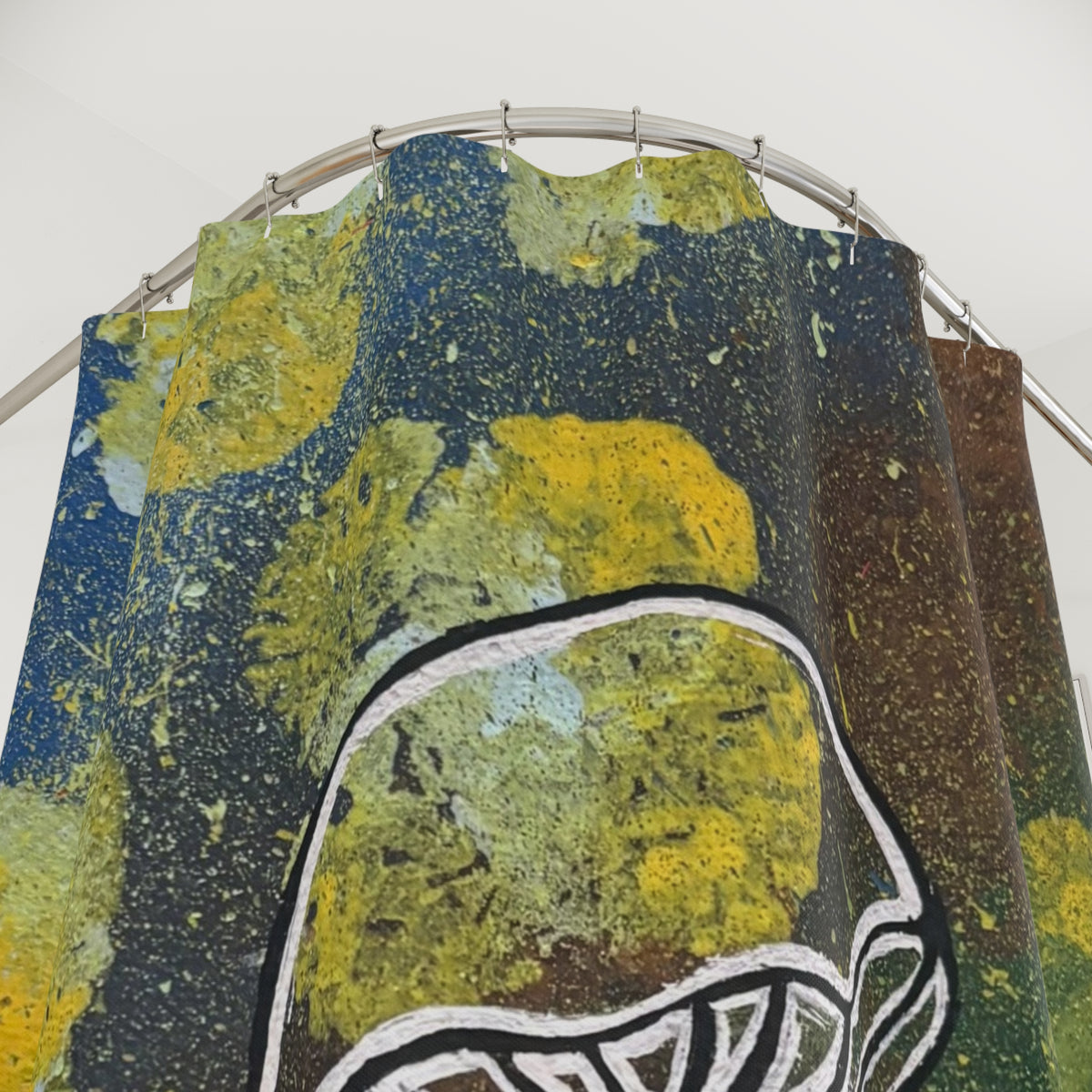 Mushroom Art Shower Curtain — Green & Yellow Abstract Fungi Bathroom Decor