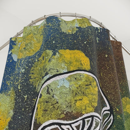 Mushroom Art Shower Curtain — Green & Yellow Abstract Fungi Bathroom Decor