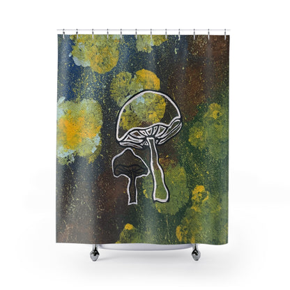 Mushroom Art Shower Curtain — Green & Yellow Abstract Fungi Bathroom Decor