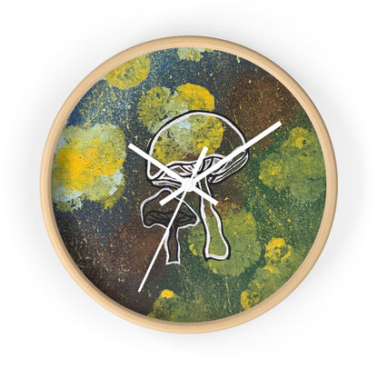 Mushroom Art Wall Clock — Abstract Green & Yellow Fungi Design