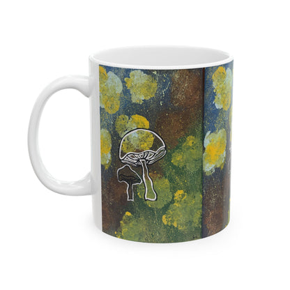 Mushroom Art Ceramic Mug — Botanical Rustic Psychedelic Coffee Cup (11oz/15oz)