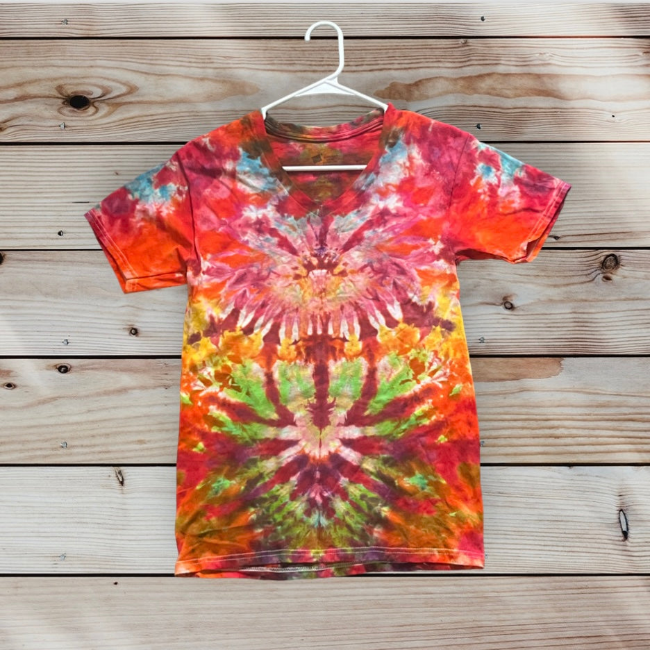 Small Unique One Of A Kind Handmade Tie Dye Wearable Adventure Shirt V-Neck